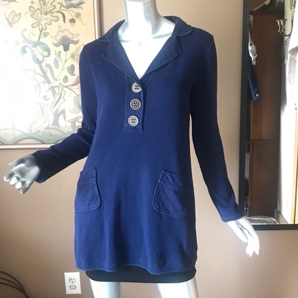 Soft Surroundings Dark Blue Waffle Knit Tunic Top/ Mini Dress Size Small Pockets - Picture 2 of 16